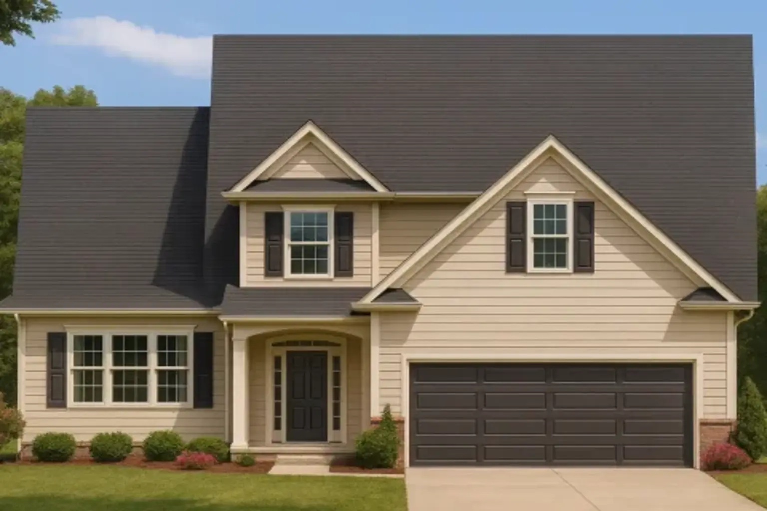 Front view of a Traditional Suburban Colonial Revival style house featuring horizontal siding, dark shutters, and a double garage