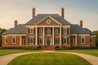 Front elevation of a Georgian Neoclassical style home featuring a symmetrical brick exterior, classical columns, and balanced window design