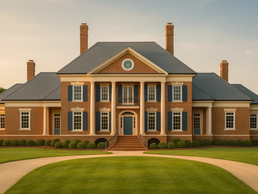 Front elevation of a Georgian Neoclassical style home featuring a symmetrical brick exterior, classical columns, and balanced window design