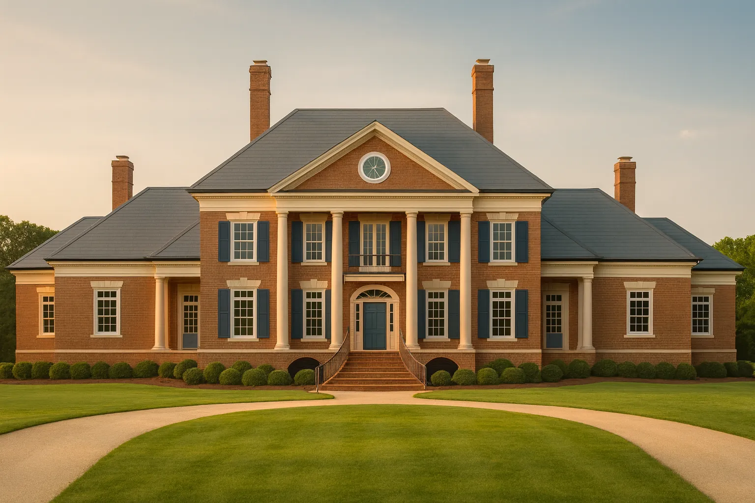 Country Farmhouse Plans 3 Front elevation of a Georgian Neoclassical style home featuring a symmetrical brick exterior, classical columns, and balanced window design