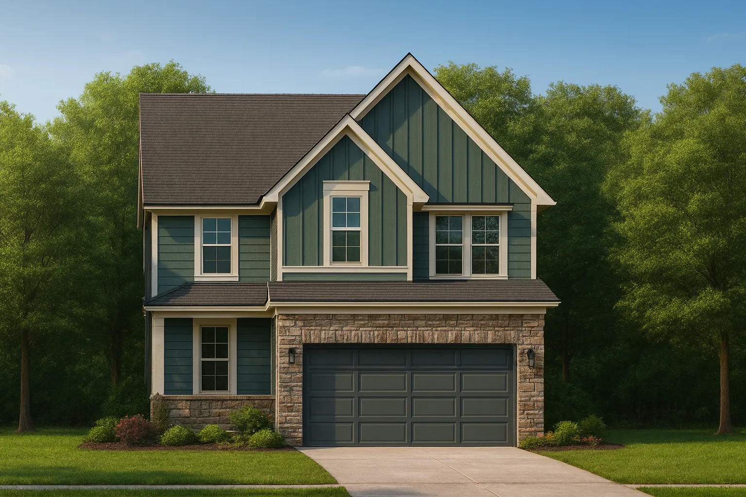 Front view of a Modern Farmhouse style home featuring board and batten siding, stone base accents, and a front-entry two-car garage