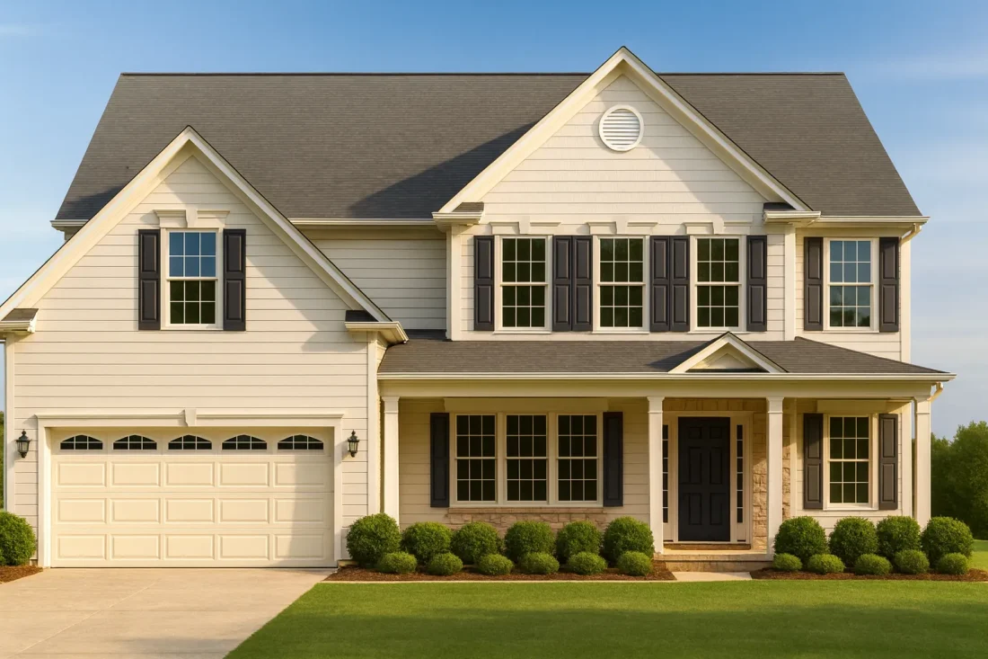 Front elevation of a Traditional Colonial home featuring horizontal siding, brick foundation accents, and a symmetrical two-story design with black shutters and gable rooflines