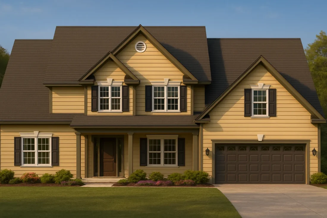 Front view of a Traditional Colonial home featuring yellow horizontal siding, dark shutters, and a symmetrical two-story facade with attached two-car garage