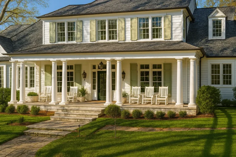 Front elevation of a Southern Colonial style home with white lap siding, full-height columns, symmetrical windows, and expansive covered porch