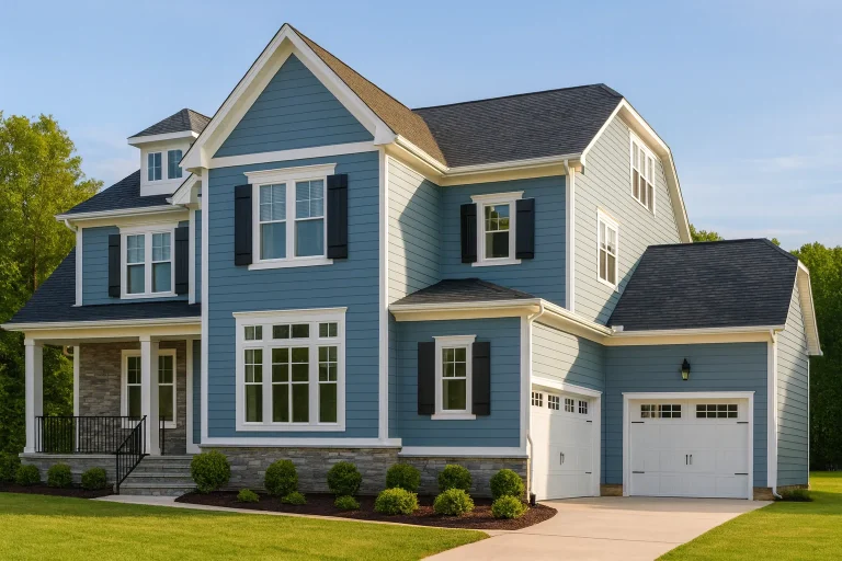 Front elevation of a New American Colonial style home with blue horizontal siding, white trim, covered porch, and attached garage