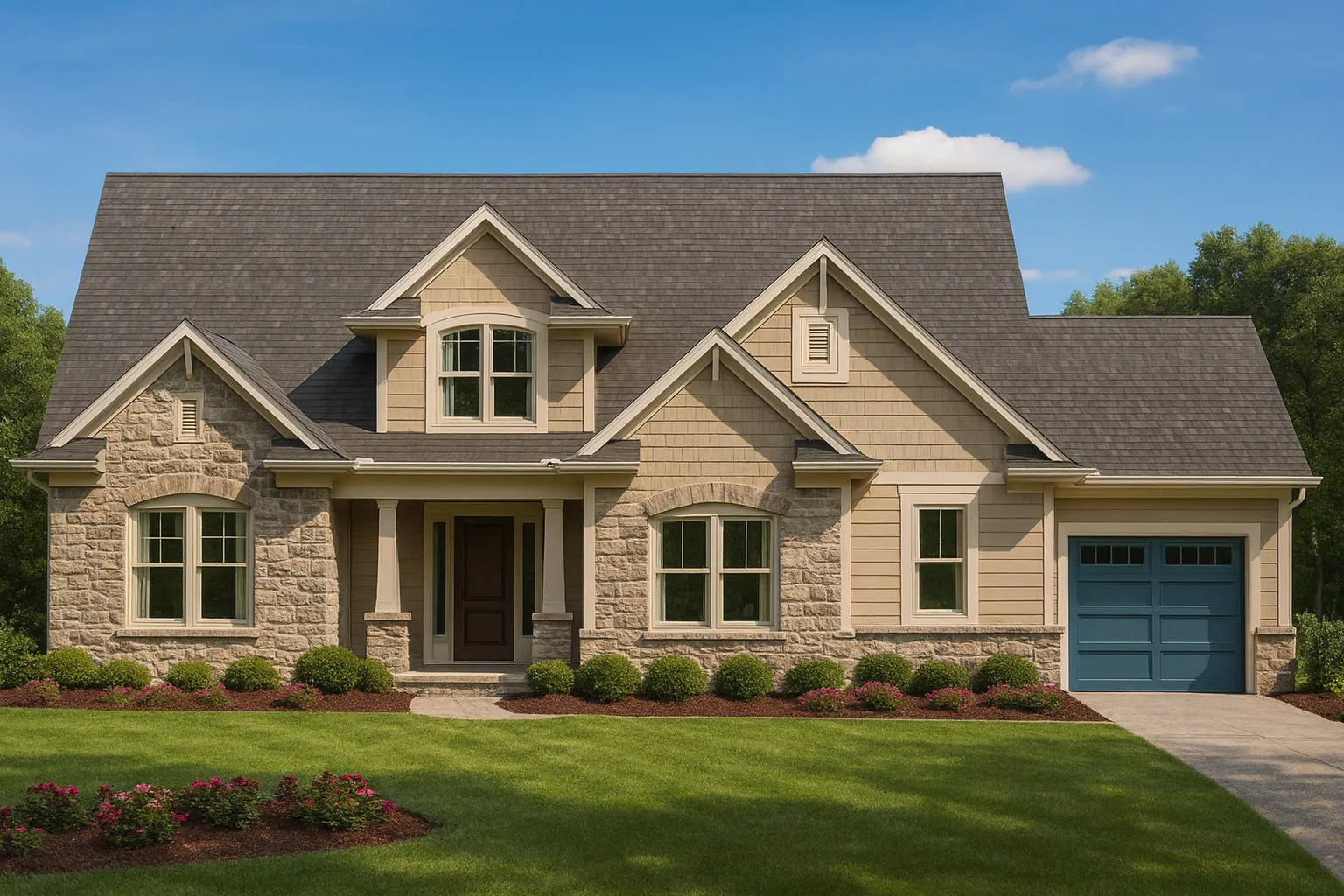 House Plans with Eating Bar 29 Front elevation of a New American style home featuring horizontal lap siding, stone accents, gabled rooflines, and an attached garage