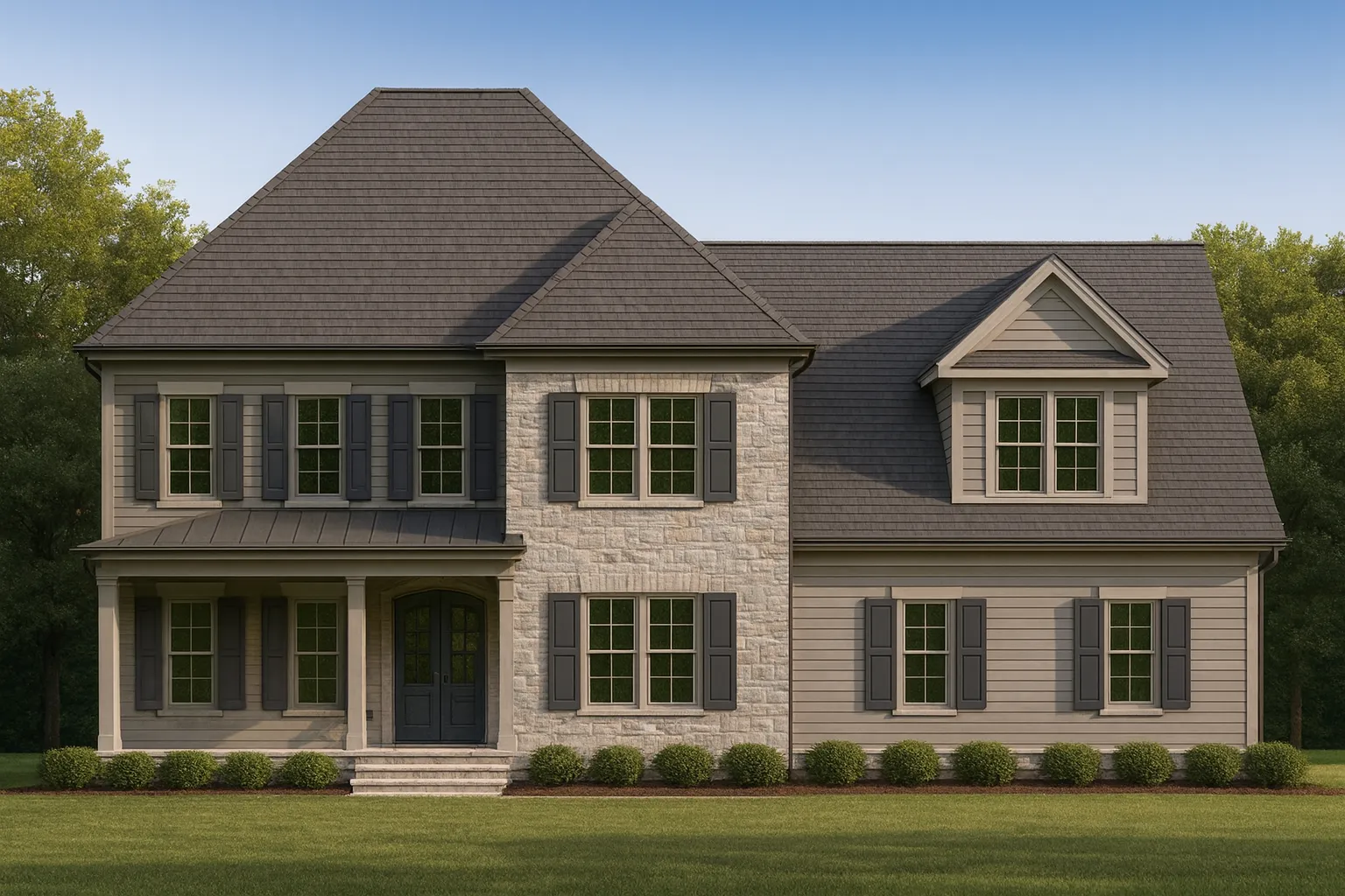Front exterior of a Traditional Colonial style home with brick veneer, lap siding, symmetrical windows, shutters, and a covered front porch