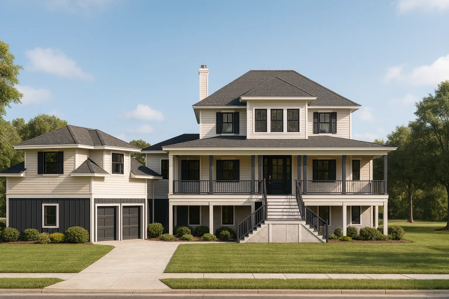 Front elevation of a Low Country coastal style home featuring horizontal siding, board and batten accents, wide porches, and a detached garage
