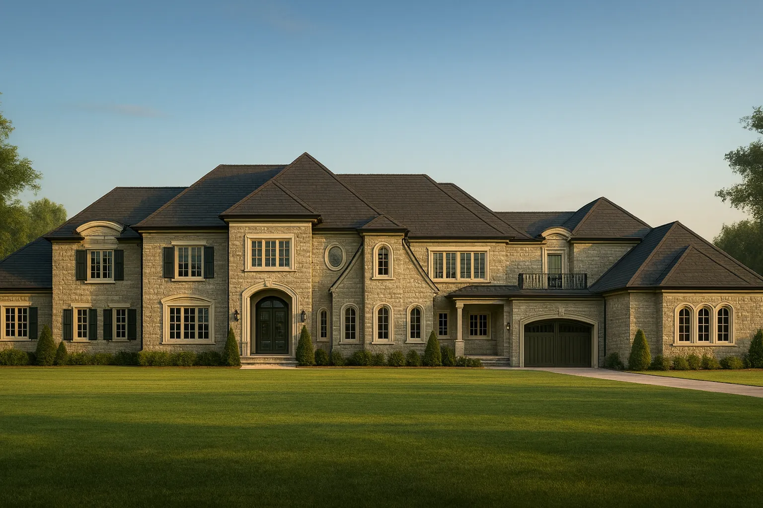 Front elevation of a luxury French Country and French Provincial style home featuring a full stone exterior, hipped rooflines, and elegant European architectural detailing