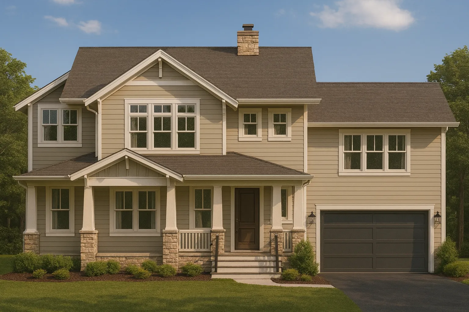 Front exterior of a New American Modern Traditional home with horizontal siding, stone porch columns, gabled rooflines, and an attached garage
