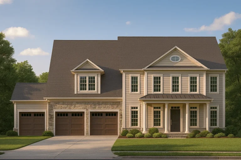 House Plans with Basement Garage 12 Front view of Colonial Traditional style house featuring horizontal siding, stone accents, and three-car garage with classic symmetry