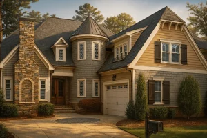 Luxury House Plans 1 Front view of a French Country Tudor Revival home featuring stone and horizontal siding, steep rooflines, and a turreted entry for timeless European charm