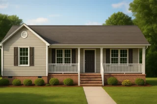 Front view of a Traditional Ranch style house featuring horizontal siding, brick foundation, and a welcoming covered porch with railings