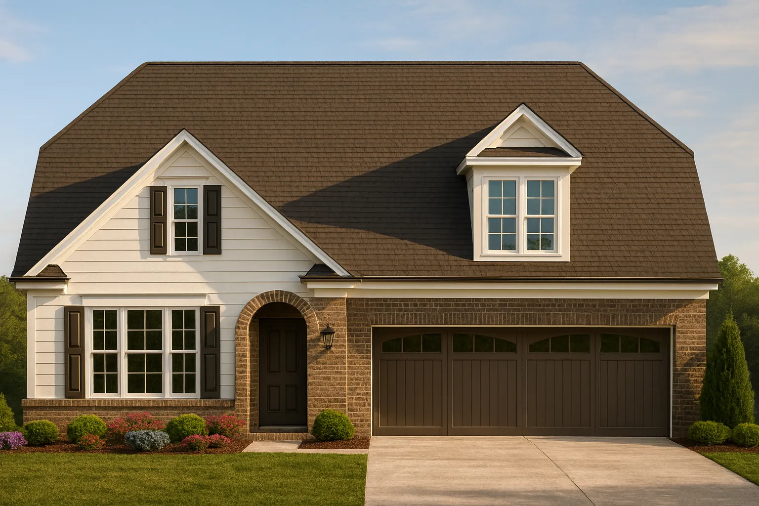 Front view of a Traditional Colonial Revival home with brick and horizontal siding, arched entryway, dormer windows, and double garage.
