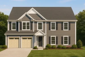 Front elevation of a Traditional Colonial two-story house with gray horizontal siding, white trim, and double garage