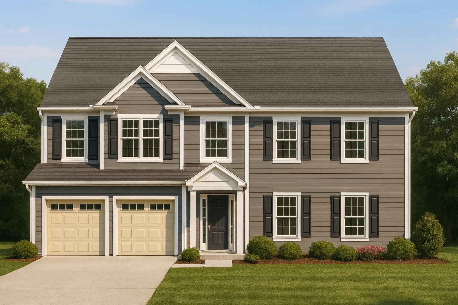 Front elevation of a Traditional Colonial two-story house with gray horizontal siding, white trim, and double garage