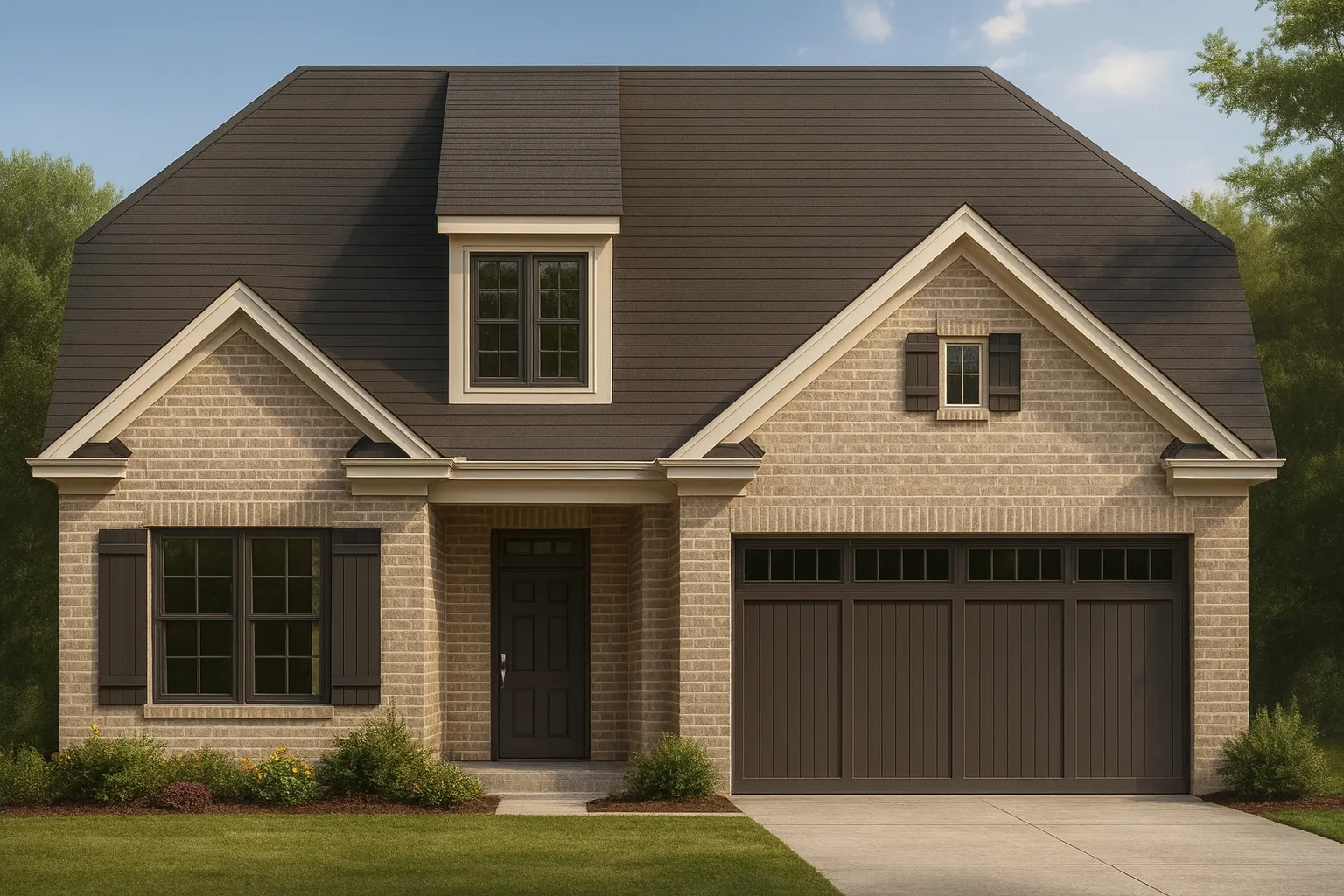 Front elevation of a Traditional Tudor Revival style home with brick exterior, steep gable rooflines, and symmetrical façade.