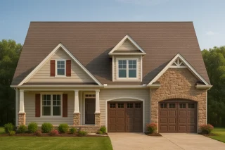 Front elevation of a Traditional Craftsman Farmhouse featuring horizontal siding, board and batten gables, and stone accents with twin garage doors
