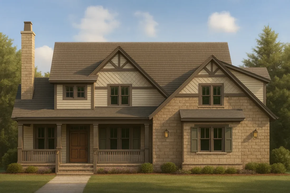 Front elevation of a Craftsman Traditional style home featuring stone and horizontal siding with gabled rooflines and a welcoming porch
