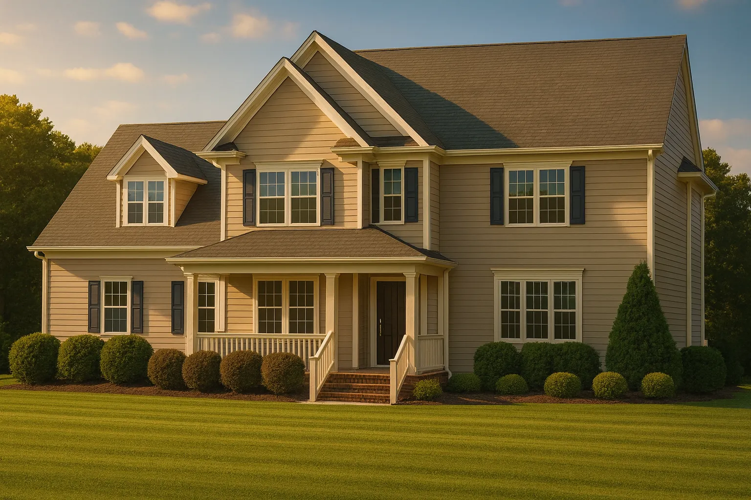 Front view of a two-story Traditional Colonial home with tan horizontal lap siding, black shutters, white trim, and a welcoming covered porch entrance