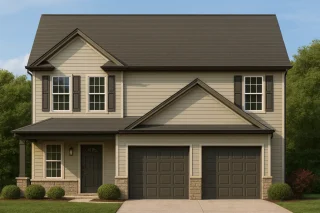 Front elevation of a two-story Traditional New American style house featuring beige horizontal lap siding, stone porch base, black shutters, and dual garage doors.