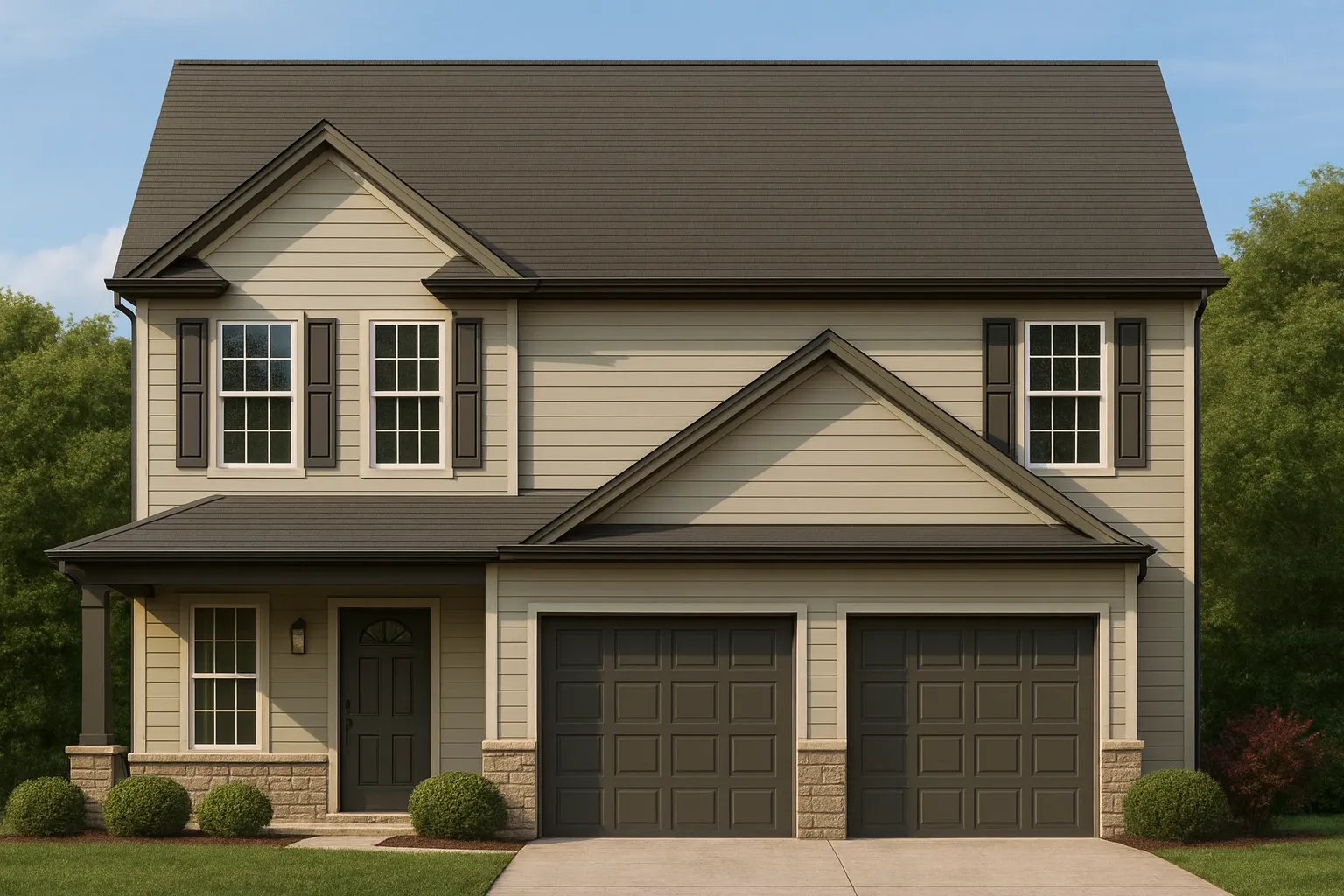 Front elevation of a two-story Traditional New American style house featuring beige horizontal lap siding, stone porch base, black shutters, and dual garage doors.
