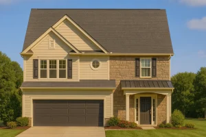Front elevation of a Traditional Colonial home with light siding, stone accents, and dark shutters, featuring a symmetrical two-story design with gable roof and two-car garage.