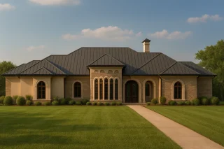 Front view of French Country Mediterranean style home featuring brick and stucco exterior, arched windows, and a classic hipped roof design under clear daylight.