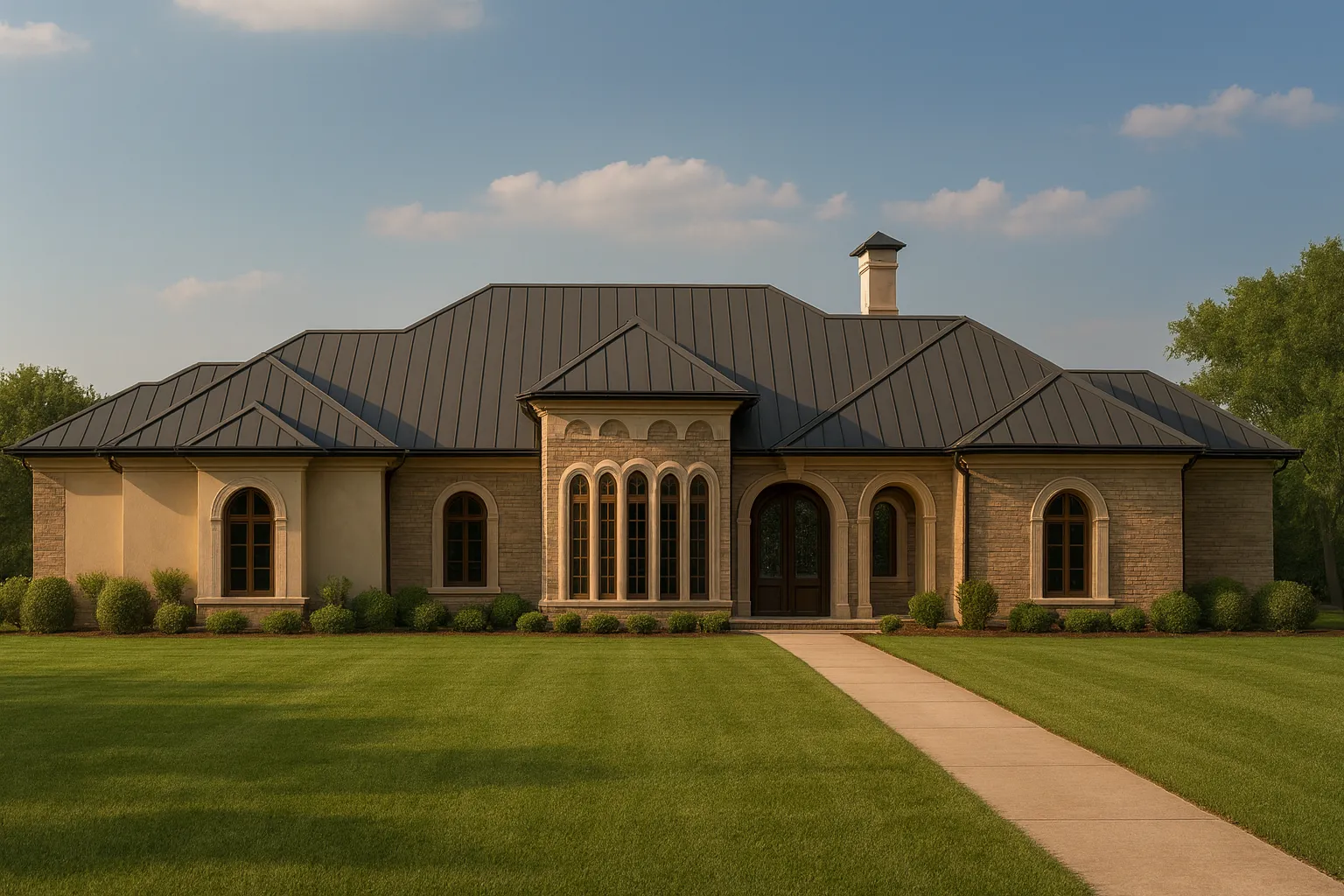 Front view of French Country Mediterranean style home featuring brick and stucco exterior, arched windows, and a classic hipped roof design under clear daylight.