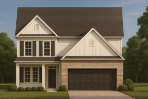 Front view of a Modern Farmhouse style home with board and batten siding, stone accents, and a two-car garage featuring a symmetrical gable design and dark roof shingles