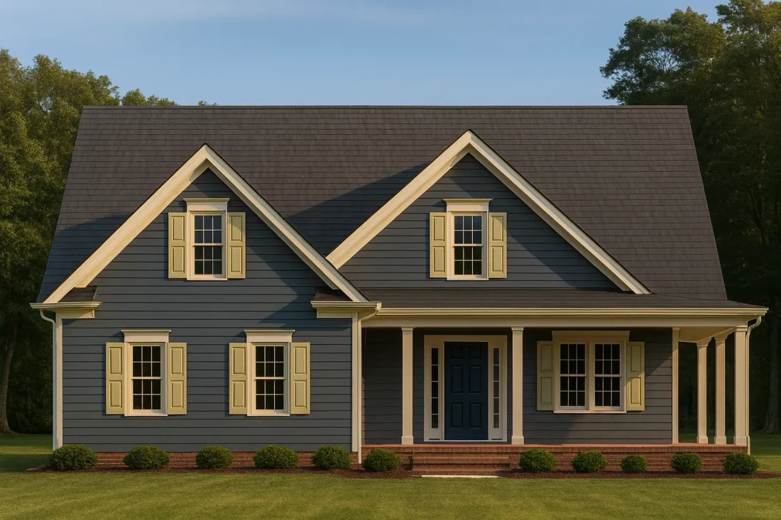 Front view of a Cape Cod style home featuring blue horizontal lap siding, yellow shutters, a steep gable roof, and a covered front porch entry.