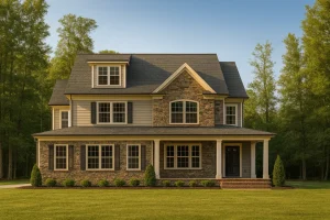 Front view of a two-story Traditional Colonial home featuring stone and siding exterior, symmetrical windows, and covered front porch with classic columns