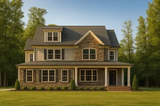 Front view of a two-story Traditional Colonial home featuring stone and siding exterior, symmetrical windows, and covered front porch with classic columns