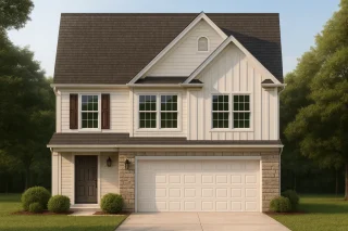 Front view of a Traditional Suburban two-story home featuring board and batten, horizontal lap siding, and stone accents with a front-entry garage