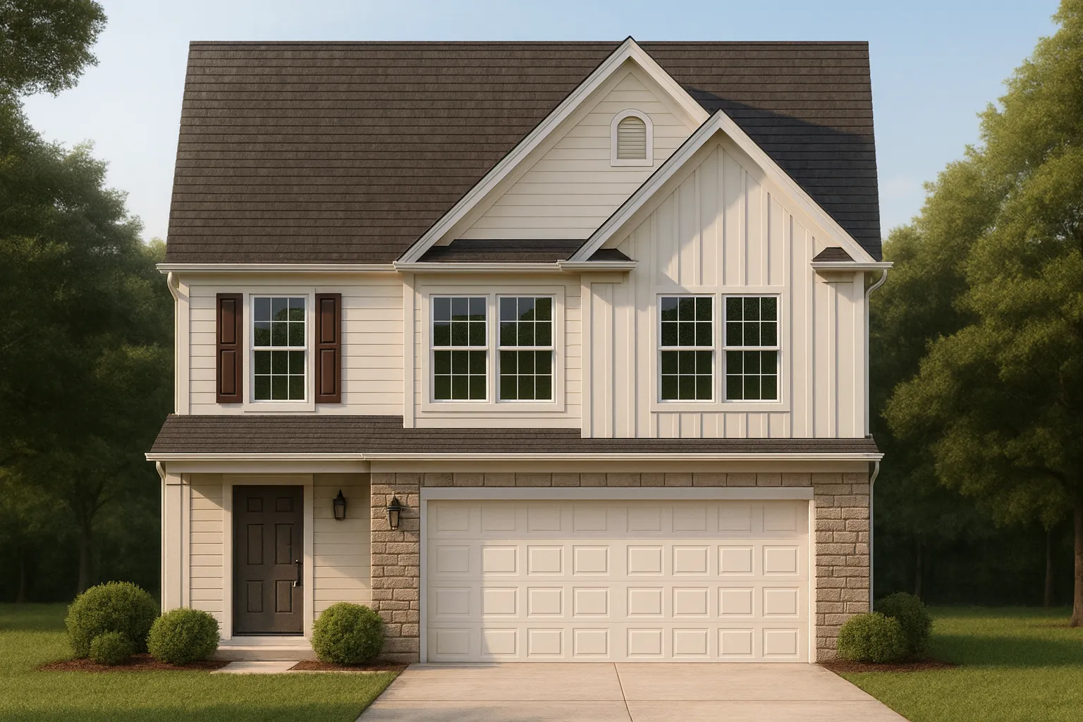 Front view of a Traditional Suburban two-story home featuring board and batten, horizontal lap siding, and stone accents with a front-entry garage