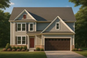 Front elevation of a Traditional Colonial home featuring gray horizontal siding, shingle gable accents, brick base, and symmetrical two-story façade with modern detailing.