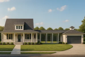 Front view of a Colonial Farmhouse with horizontal siding, covered porch, breezeway, and detached two-car garage under a clear blue sky
