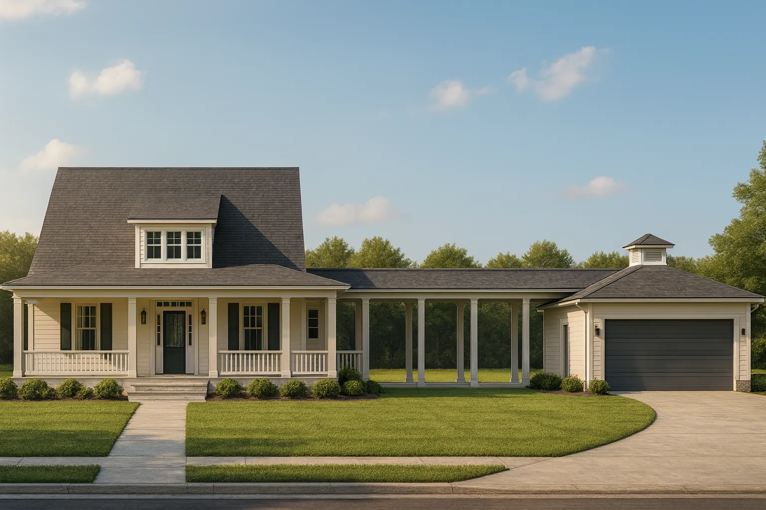 Front view of a Colonial Farmhouse with horizontal siding, covered porch, breezeway, and detached two-car garage under a clear blue sky