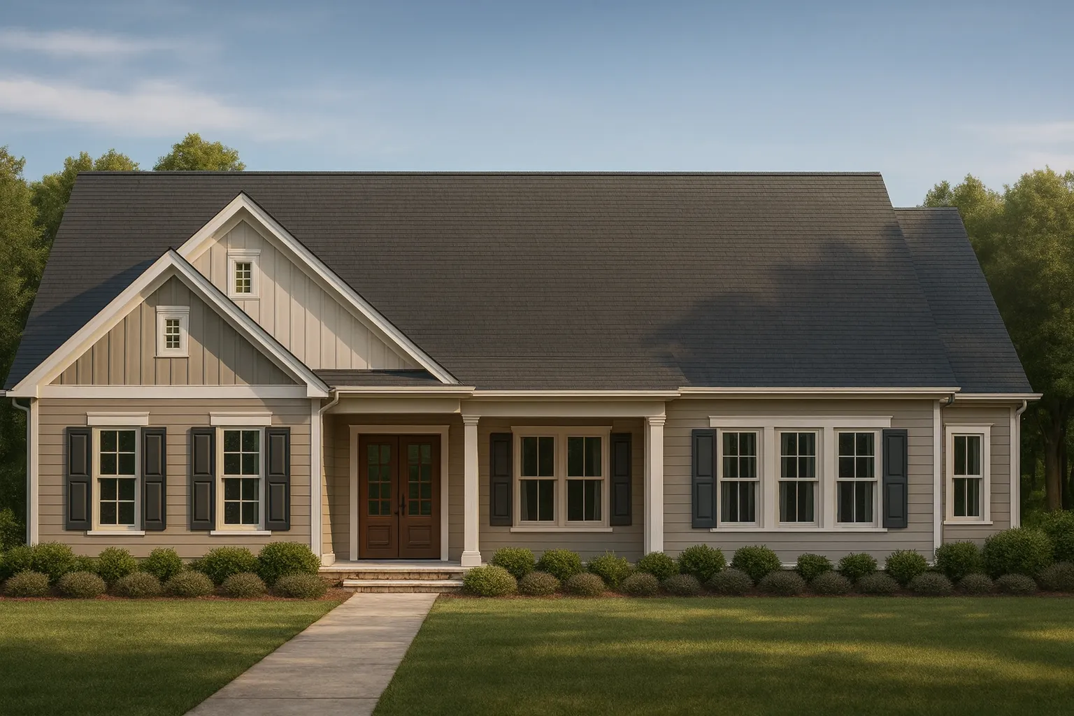 House Plans with Open Floor Plan 25 Front view of a Traditional Ranch style home featuring a mix of horizontal siding and board-and-batten gable accents with a welcoming front porch entry.