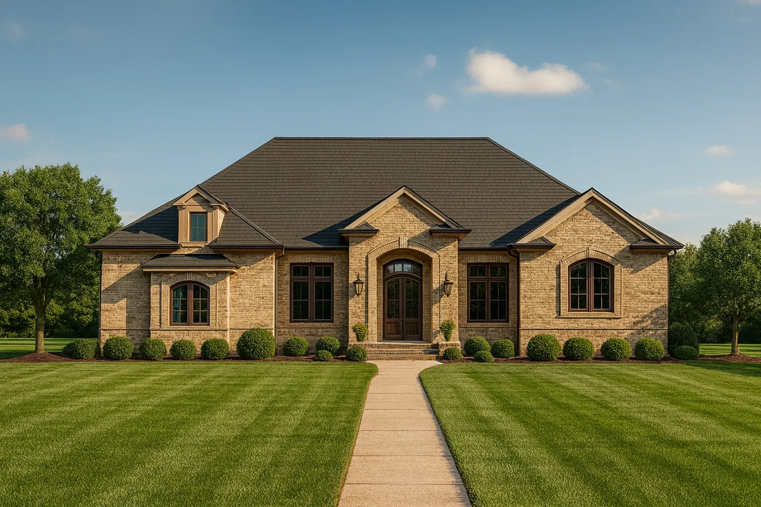 Front elevation of a traditional ranch-style home with brick exterior, symmetrical façade, arched entry, and manicured landscaping