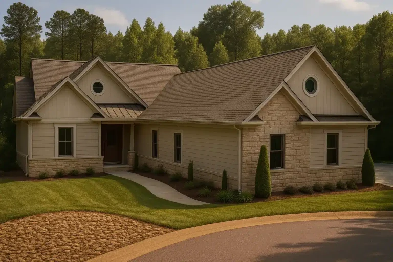 Front elevation of a Traditional Ranch house with horizontal siding, stone veneer exterior, gabled rooflines, and landscaped entry