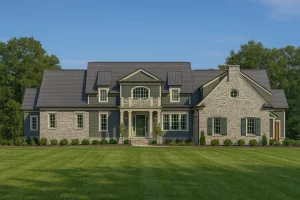 Front view of Modern Farmhouse with board and batten siding, stone accents, gable roofs, and classic black window trim