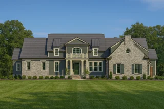 Front view of Modern Farmhouse with board and batten siding, stone accents, gable roofs, and classic black window trim