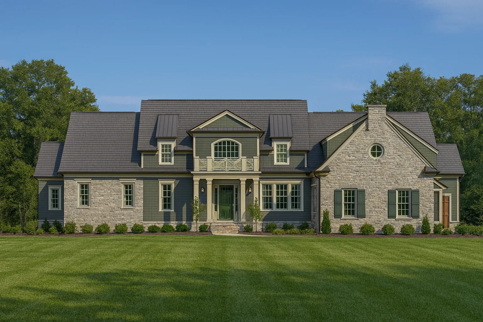 Front view of Modern Farmhouse with board and batten siding, stone accents, gable roofs, and classic black window trim