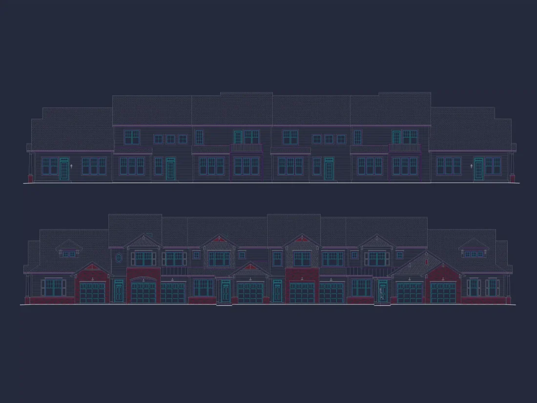 Traditional Suburban & Transitional Colonial Revival 6-Unit Townhome Plan featuring stone and siding exterior • 3 bed • 2.5 bath • 2,100 SF per unit. Open-concept layout, 2-car garages, covered entries, and timeless curb appeal. Includes CAD + PDF files, structural engineering, and an unlimited build license — perfect