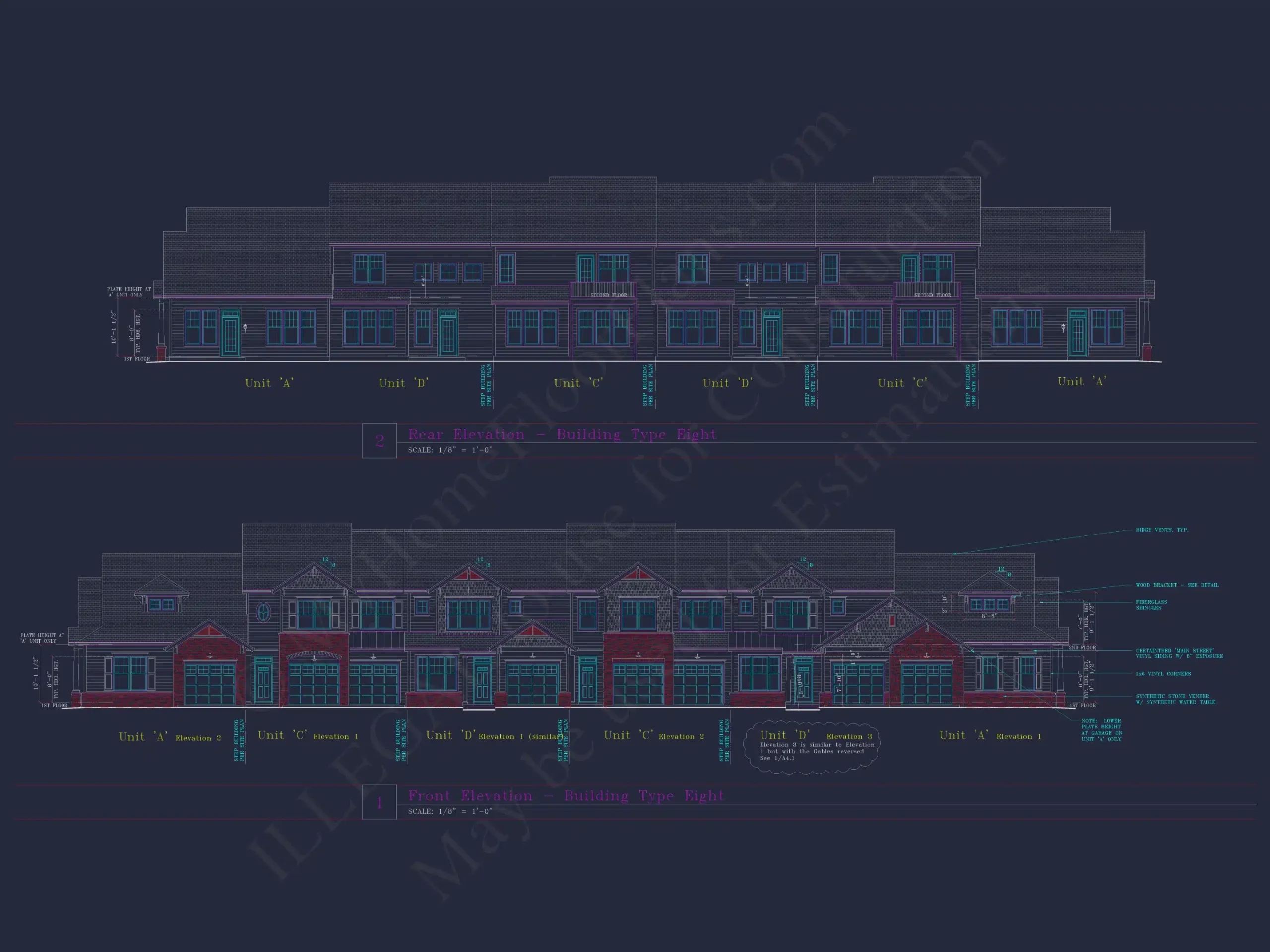 Traditional Suburban & Transitional Colonial Revival 6-Unit Townhome Plan featuring stone and siding exterior • 3 bed • 2.5 bath • 2,100 SF per unit. Open-concept layout, 2-car garages, covered entries, and timeless curb appeal. Includes CAD + PDF files, structural engineering, and an unlimited build license — perfect