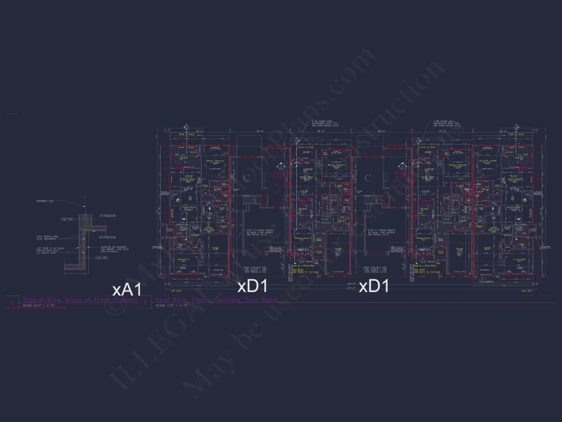 Traditional Suburban & Transitional Colonial Revival 6-Unit Townhome Plan featuring stone and siding exterior • 3 bed • 2.5 bath • 2,100 SF per unit. Open-concept layout, 2-car garages, covered entries, and timeless curb appeal. Includes CAD + PDF files, structural engineering, and an unlimited build license — perfect