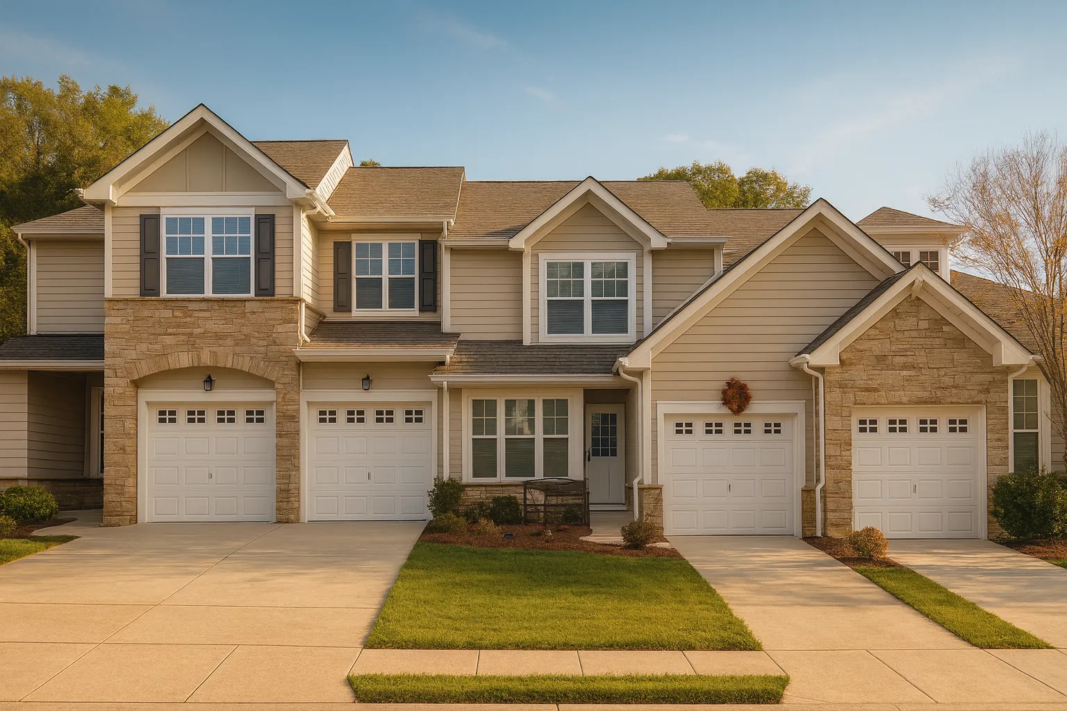 Front view of a Traditional Townhouse featuring horizontal lap siding, brick accents, and a symmetrical multi-unit facade with clean suburban appeal