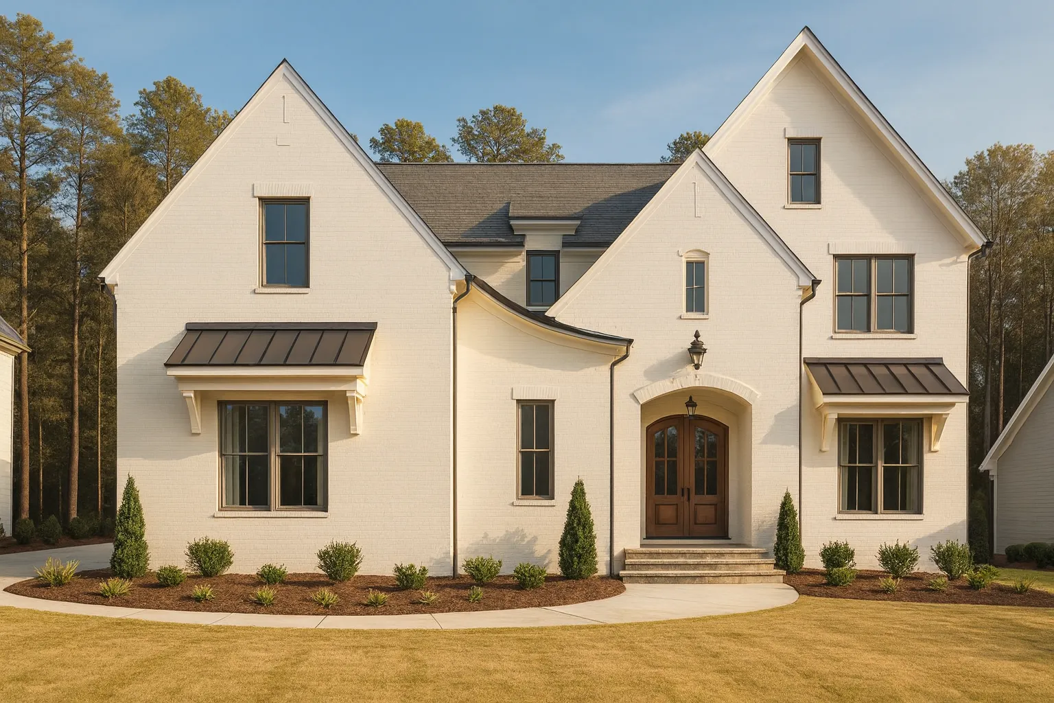 Front elevation of a New American modern traditional house with smooth stucco exterior, steep gables, metal window awnings, and arched entry