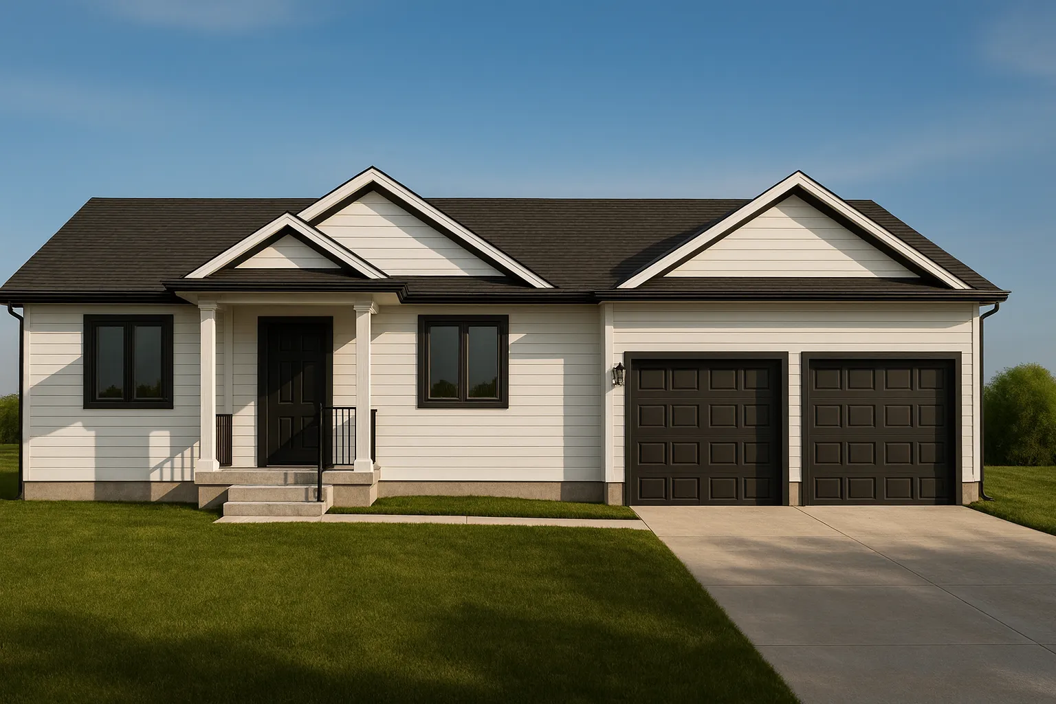 Front view of a Traditional Ranch style home with horizontal vinyl siding, gable rooflines, and attached two-car garage under a clear blue sky